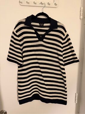 Massimo Dutti Striped Short-Sleeve Polo Sweater - Navy & White